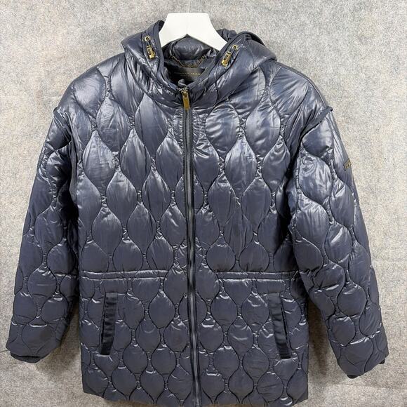 Women’s Donna Karan $350 Hooded Zip Front Quilted Navy Blue Jacket Size Medium - Picture 1 of 13
